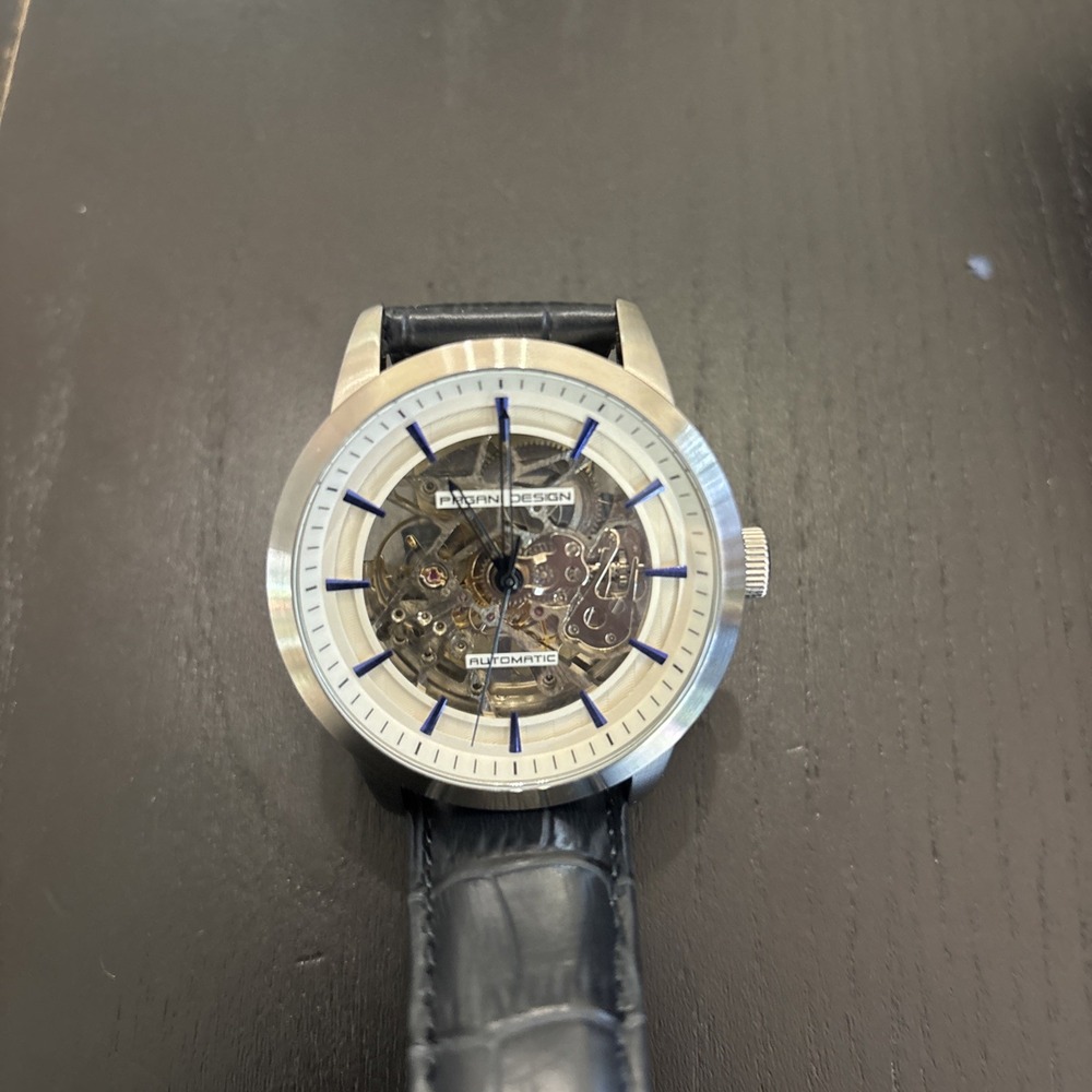 Pagani Design Automatic Skeleton 44mm Silver Case Blue markers/hands/Leather